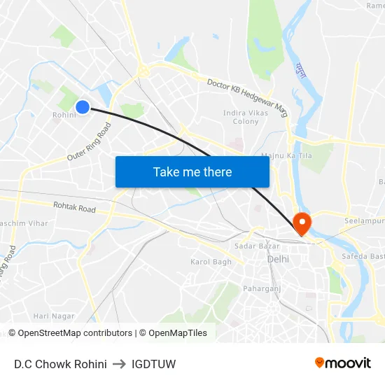 D.C Chowk Rohini to IGDTUW map