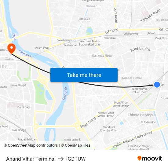 Anand Vihar Terminal to IGDTUW map