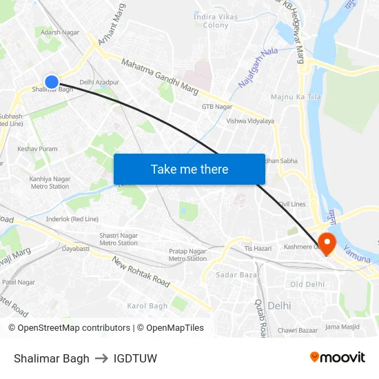 Shalimar Bagh to IGDTUW map