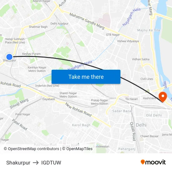 Shakurpur to IGDTUW map