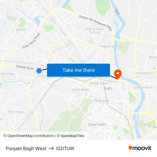 Punjabi Bagh West to IGDTUW map