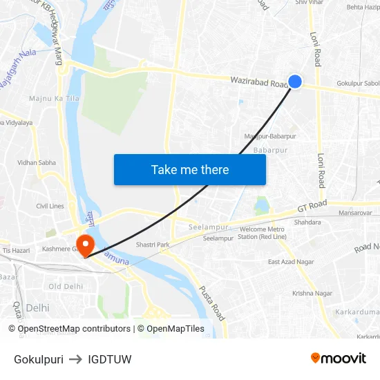 Gokulpuri to IGDTUW map