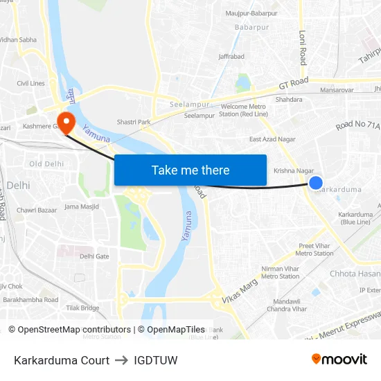 Karkarduma Court to IGDTUW map