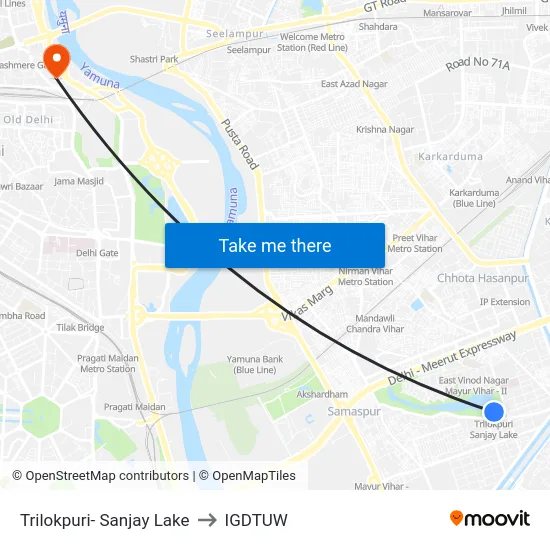 Trilokpuri- Sanjay Lake to IGDTUW map