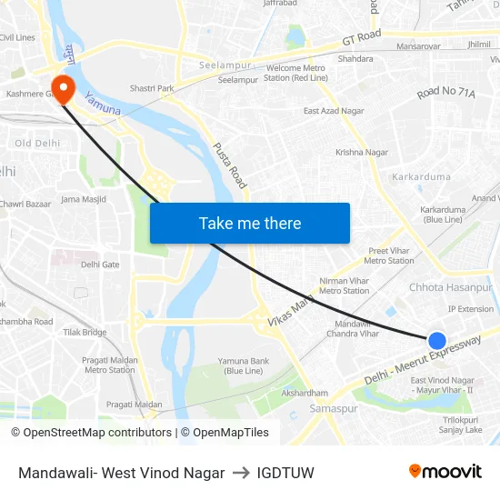 Mandawali- West Vinod Nagar to IGDTUW map