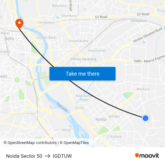 Noida Sector 50 to IGDTUW map