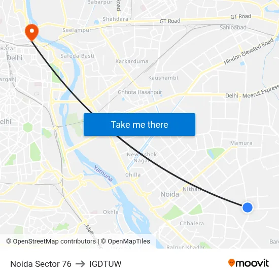 Noida Sector 76 to IGDTUW map