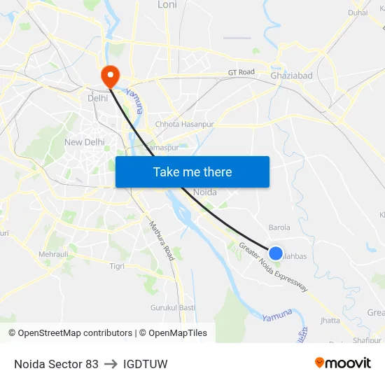 Noida Sector 83 to IGDTUW map