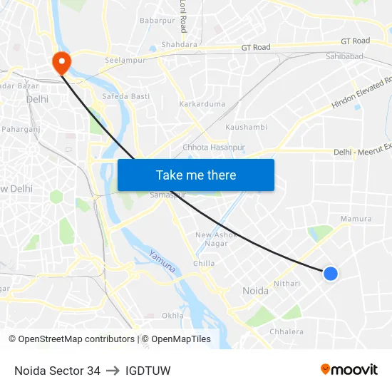Noida Sector 34 to IGDTUW map