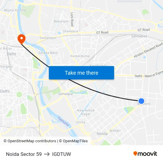 Noida Sector 59 to IGDTUW map