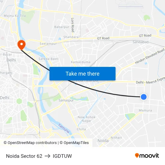 Noida Sector 62 to IGDTUW map