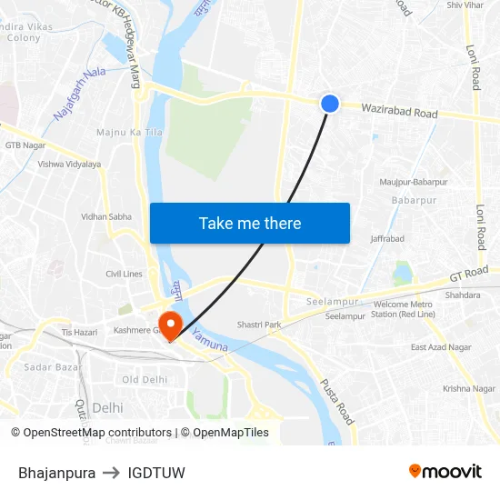 Bhajanpura to IGDTUW map