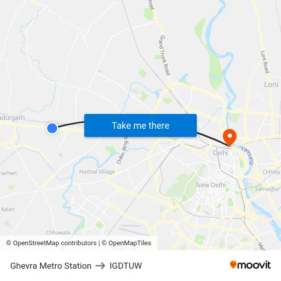 Ghevra Metro Station to IGDTUW map