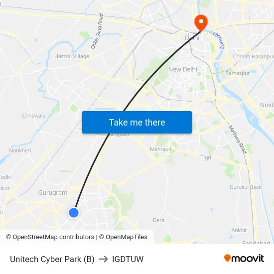 Unitech Cyber Park (B) to IGDTUW map