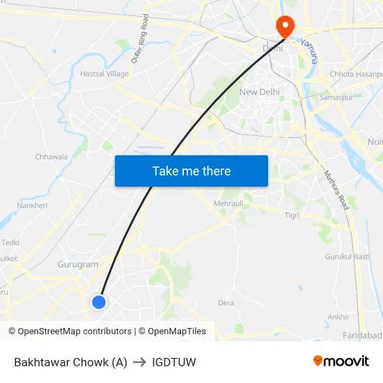 Bakhtawar Chowk (A) to IGDTUW map