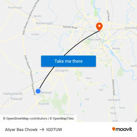 Aliyar Bas Chowk to IGDTUW map