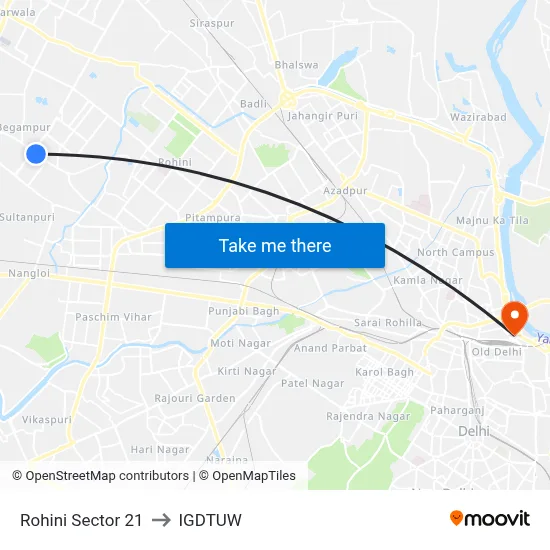 Rohini Sector 21 to IGDTUW map