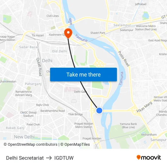 Delhi Secretariat to IGDTUW map