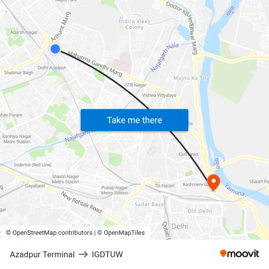 Azadpur Terminal to IGDTUW map