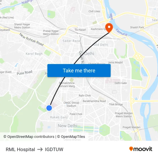 RML Hospital to IGDTUW map