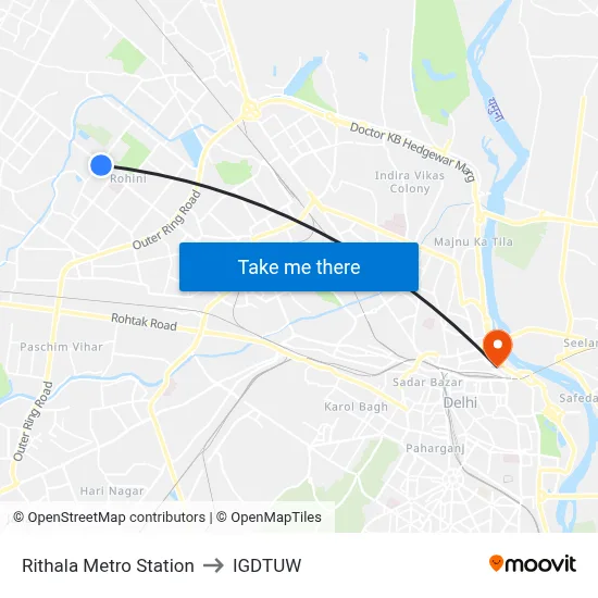 Rithala Metro Station to IGDTUW map