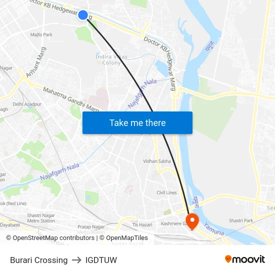 Burari Crossing to IGDTUW map