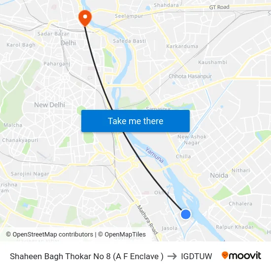 Shaheen Bagh Thokar No 8 (A F Enclave ) to IGDTUW map