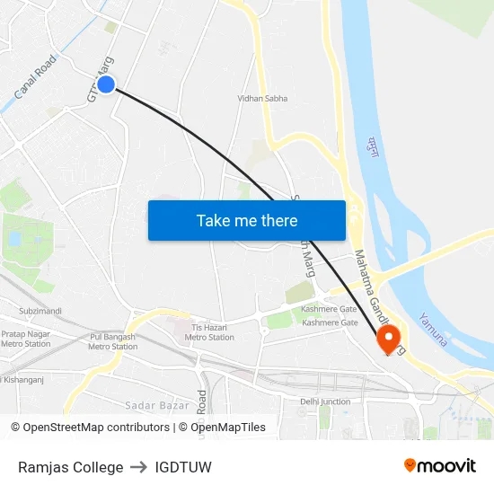 Ramjas College to IGDTUW map