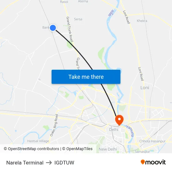 Narela Terminal to IGDTUW map