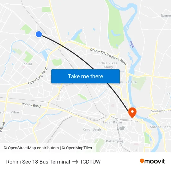 Rohini Sec 18 Bus Terminal to IGDTUW map