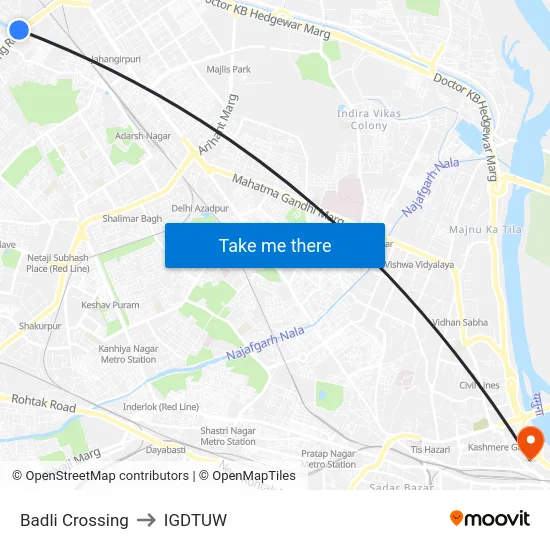 Badli Crossing to IGDTUW map