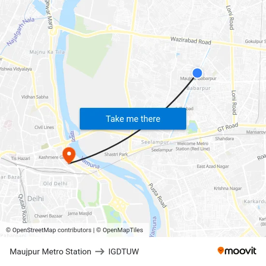 Maujpur Metro Station to IGDTUW map