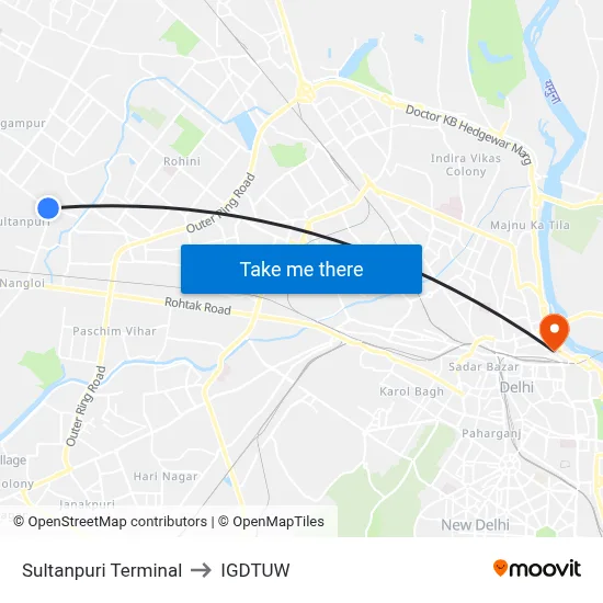 Sultanpuri Terminal to IGDTUW map