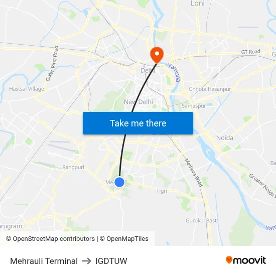 Mehrauli Terminal to IGDTUW map