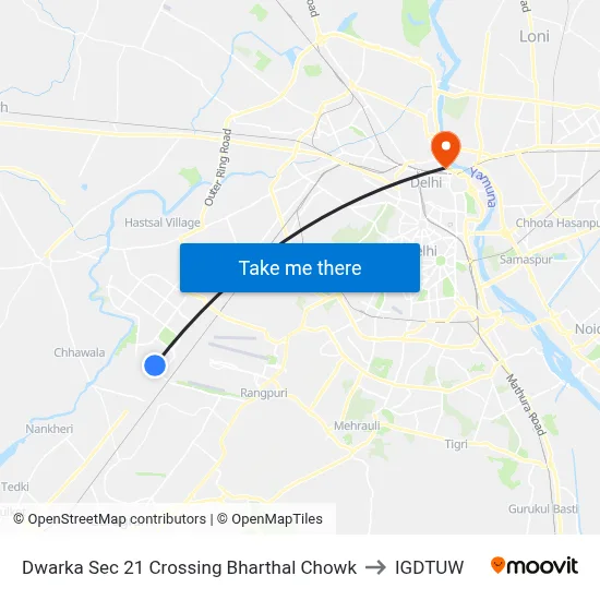 Dwarka Sec 21 Crossing Bharthal Chowk to IGDTUW map