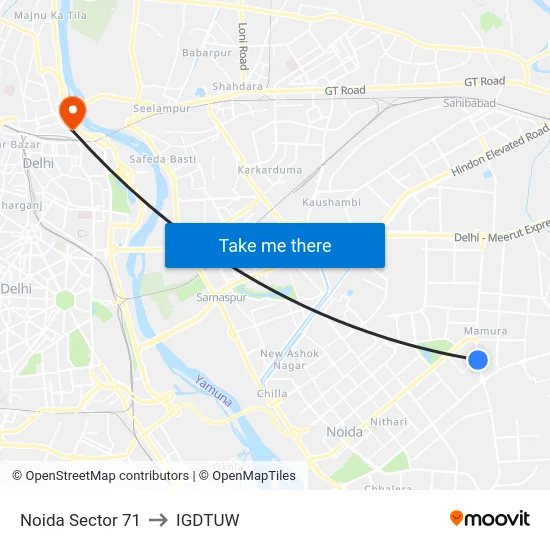 Noida Sector 71 to IGDTUW map
