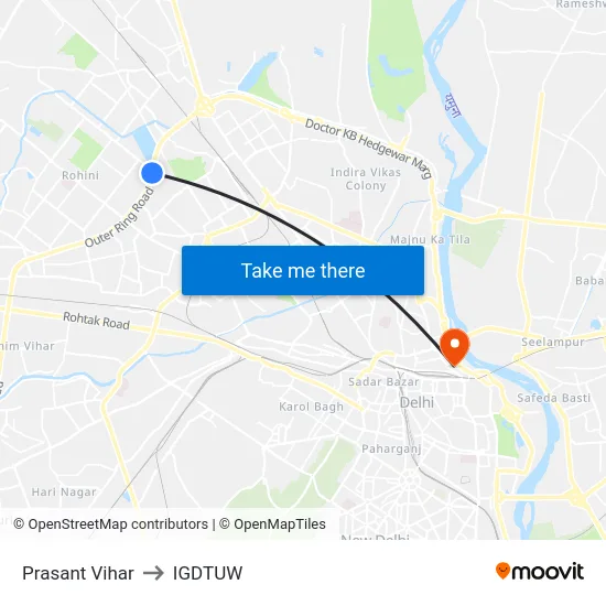 Prasant Vihar to IGDTUW map