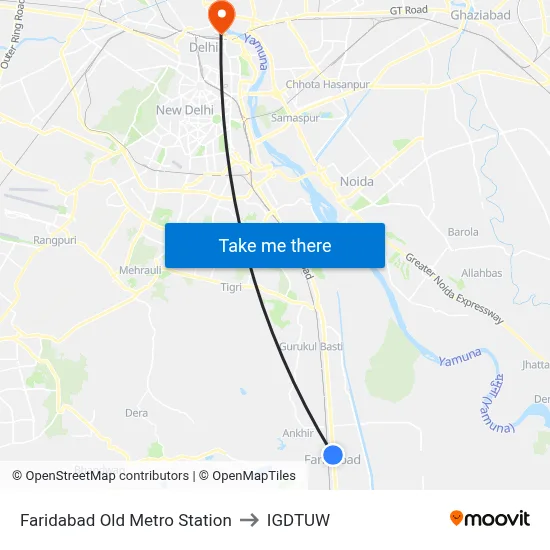 Faridabad Old Metro Station to IGDTUW map