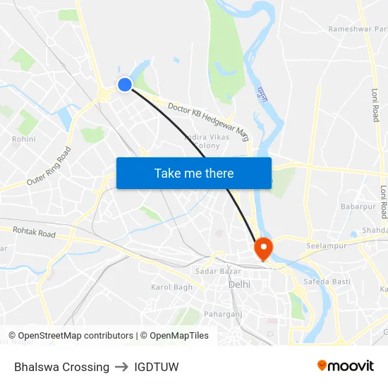 Bhalswa Crossing to IGDTUW map