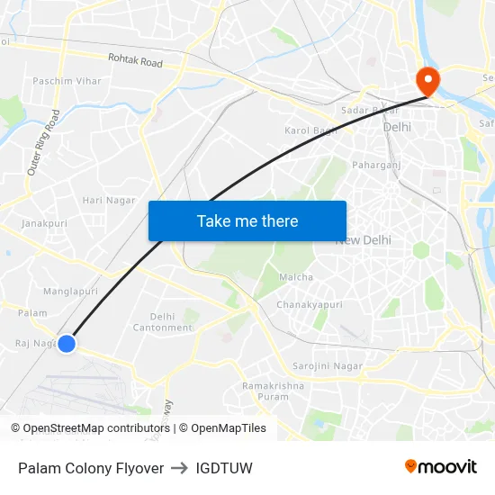 Palam Colony Flyover to IGDTUW map
