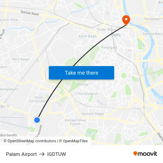 Palam Airport to IGDTUW map
