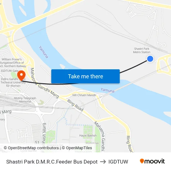 Shastri Park D.M.R.C.Feeder Bus Depot to IGDTUW map