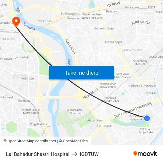 Lal Bahadur Shastri Hospital to IGDTUW map