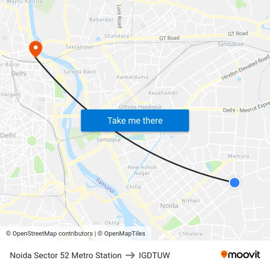 Noida Sector 52 Metro Station to IGDTUW map