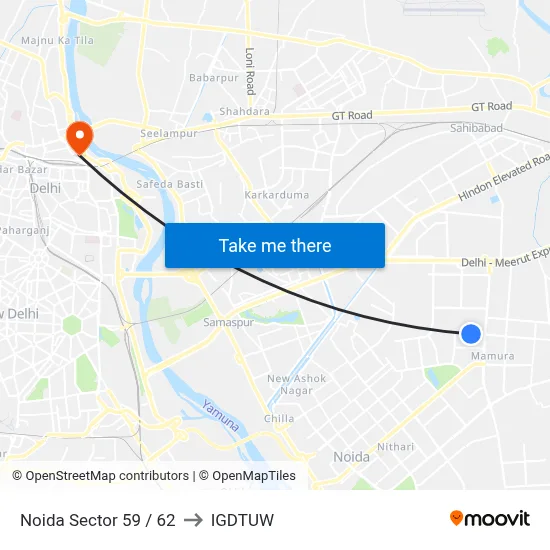 Noida Sector 59 / 62 to IGDTUW map
