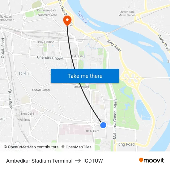 Ambedkar Stadium Terminal to IGDTUW map