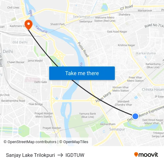 Sanjay Lake Trilokpuri to IGDTUW map