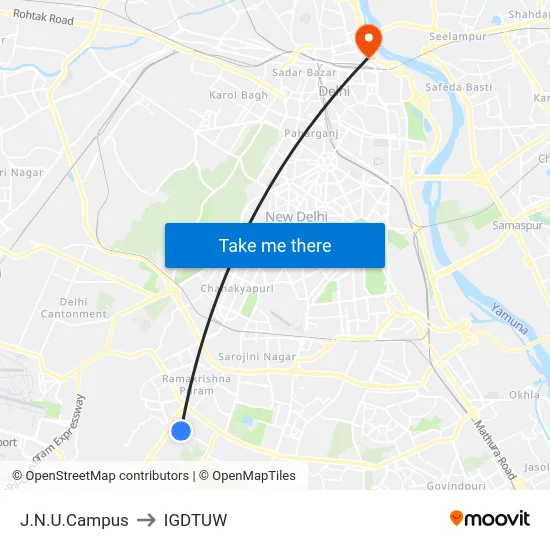 J.N.U.Campus to IGDTUW map