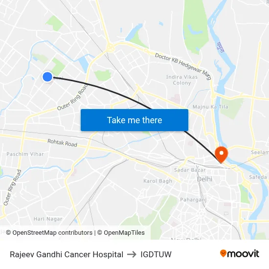 Rajeev Gandhi Cancer Hospital to IGDTUW map