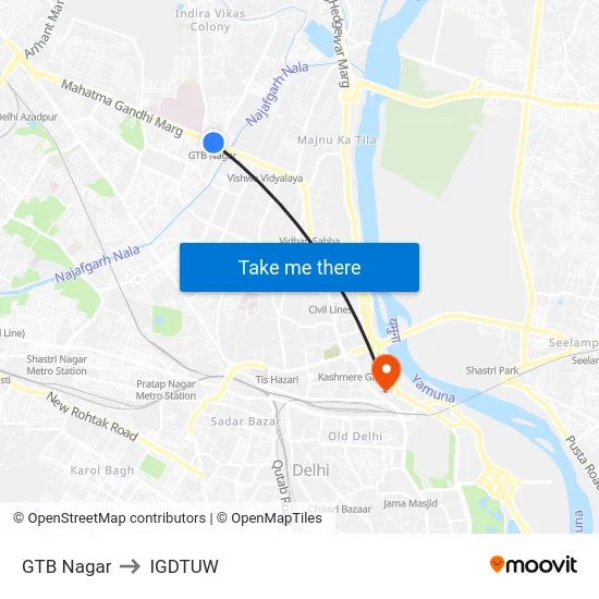 GTB Nagar to IGDTUW map